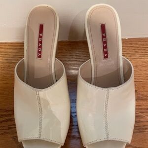 Prada Bianca White Patent Platform Mule Sandal, Size 37.5, 7.5